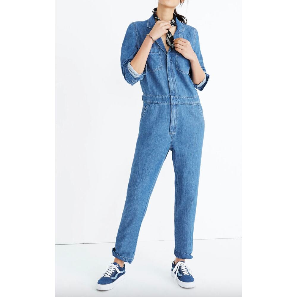Madewell Women's Denim Coverall Jumpsuit Long Sleeve Blue Linen‎ Cotton Small